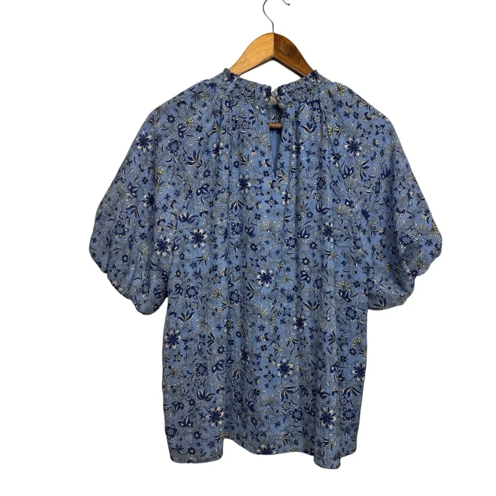 Loft‎ Womens Blouse Blue Floral Pattern Puff Sleeve